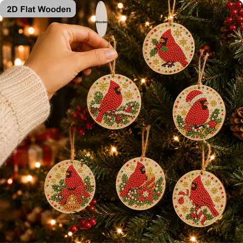 2D Flat, 6Pcs DIY Beaded Diamond Painting Wooden Christmas Pendants, Christmas Red Cardinal Bird Diamond Paintings Set, With
