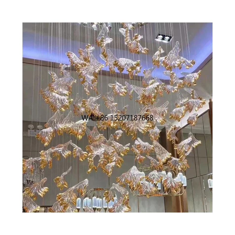 Golden Crystal Maple Glass Ginkgo Leaf  Factory Direct Air  Ceiling  Elegant Lighting for Hotel