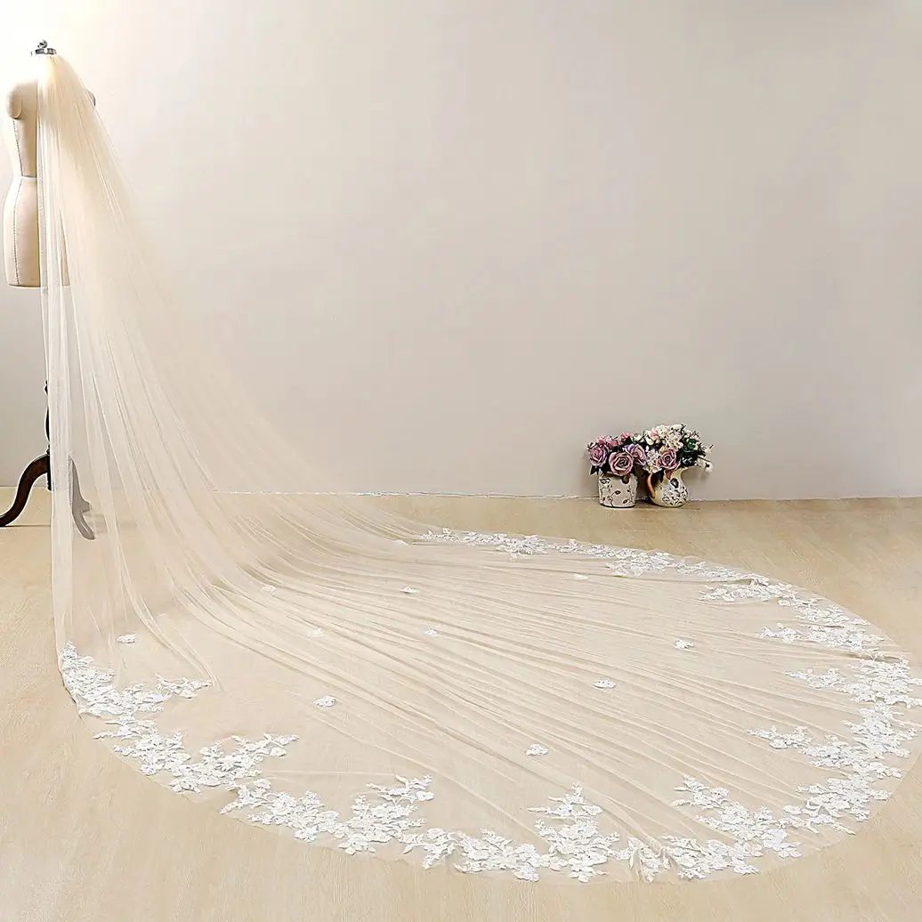 Princess Wedding Veils Appliqued Flower Lace Cathedral Veil One-Layer Bridal Veil With Comb 3M 4M 5M Length Customized