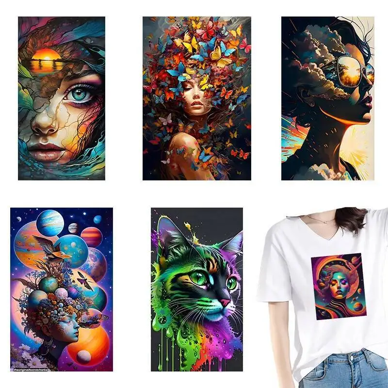 Abstract AI painting pattern heat transfer sticker Iron On clothing DIY decoration beautiful women and cats hot stamping