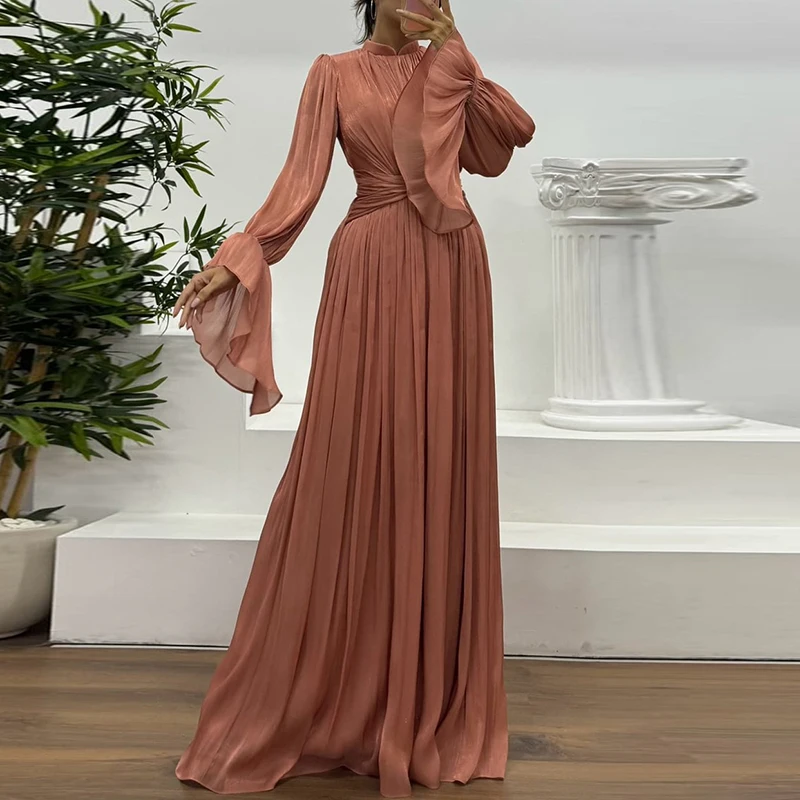 ชุดเดรสออกงานผู้หญิงสีพื้นสไตล์ฝรั่งเศส โรแมนติก ใหม่ล่าสุดสำหรับฤดูใบไม้ร่วง คอตั้ง เอวสูง ทรงโรบ แขนบาน จับจีบ ชุดราตรี