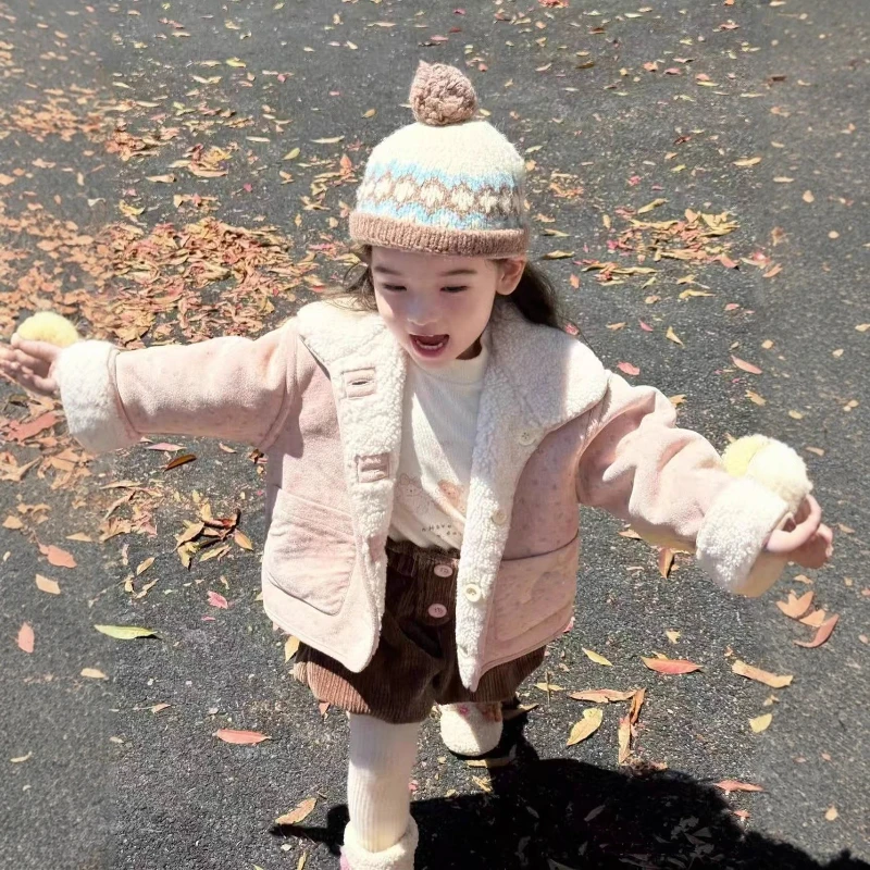 

2025 New Winter Girls' Pink Lamb Fleece Single Breasted Collar Short Thickened Cotton Jacket