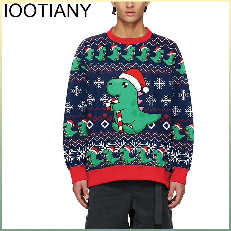 IOOTIANY Men Autumn Party Holiday Pullovers 3D Printed Loose Sweatshirts Top Funny Cute Cartoon Dinosaur Ugly Christmas Sweater