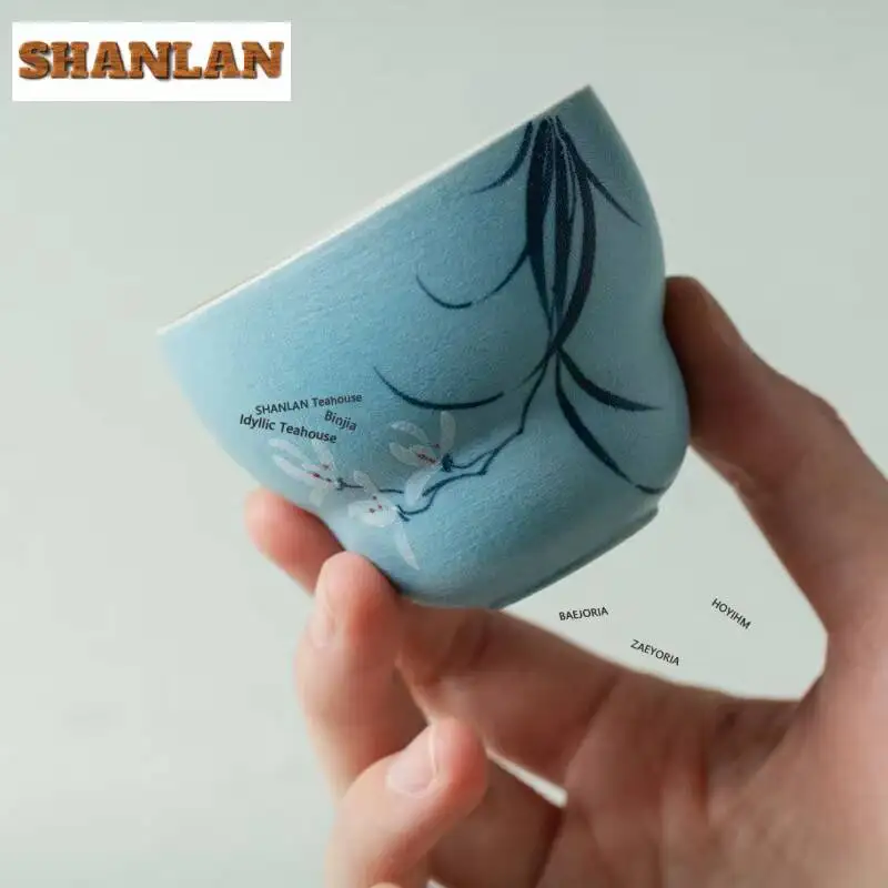 100ml Light Lake Blue Hand-painted Orchid Teacup Zen Tea Bowl Sample Tea Cup Tea-tasting Fragrance Cup Chazhan Master Cups Cafes