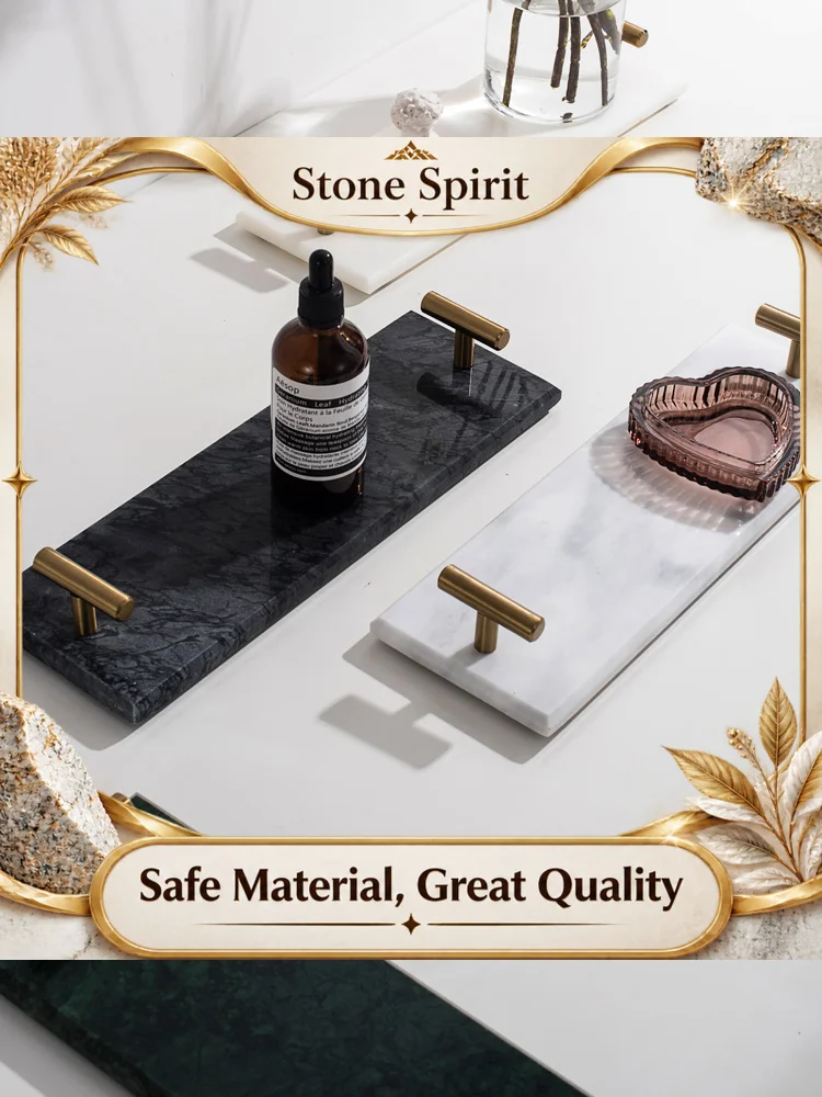 【Premium】AhunderJiaz Natural Marble Jewelry Tray Vanity Tabletop Ornament with Gold Handles Bathroom Home Decor
