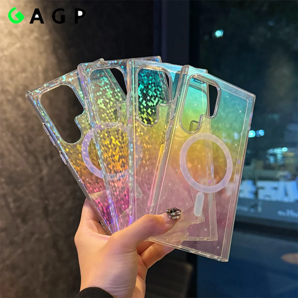 Luxury Magsafe S25Ultra Glitter Gradient Case for Samsung Galaxy S24 S23 FE S22 S25 Ultra Plus Magnetic Wireless Charging Cover