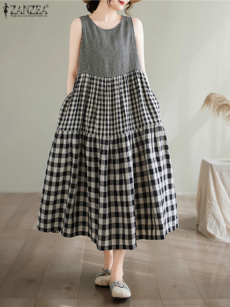

ZANZEA Vintage Plaid Dress Women Casual Loose Pockets Sundress Summer Sleeveless Vestidos 2025 Vintage Patchwork Party Vestidos