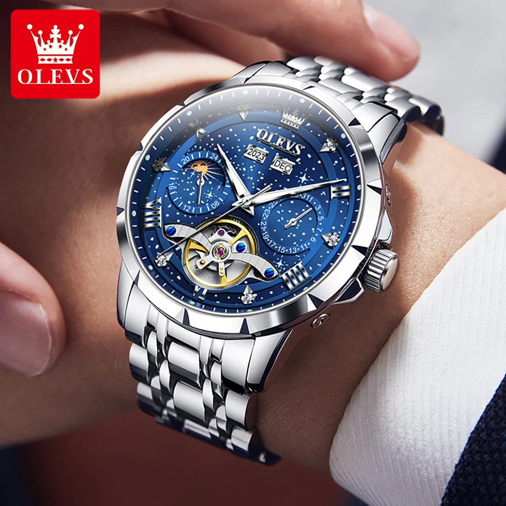 OLEVS 6690 Automatic Watch for Men Starry Sky Tourbillon Design Moon Phase Date Stainless steel Luminous Waterproof Wristwatch