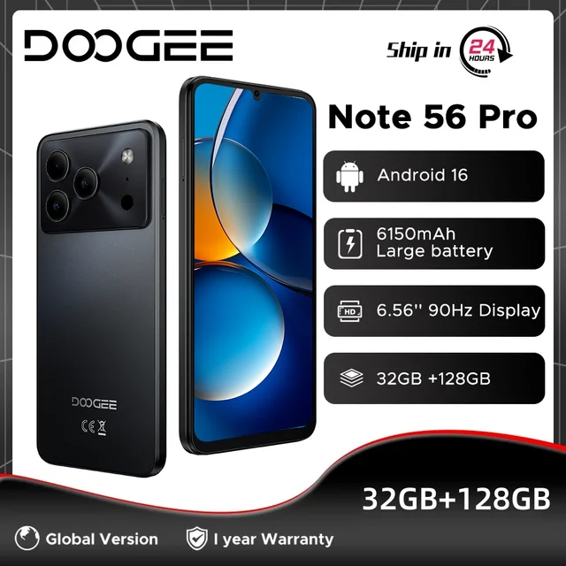 Global Version DOOGEE Note56 Pro Smartphone 32GB+128GB 6150mAh Battery 6.56\'\' 90Hz Screen UNISOC T7225 NFC Android 16 Cell Phone