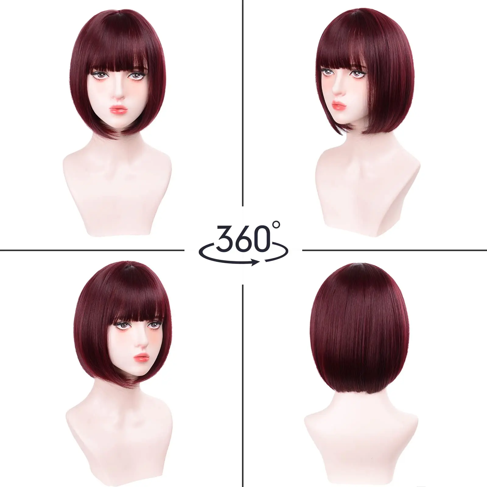 Wig Sintetis Bob Merah Muda Rambut Lurus Pendek dengan Poni Cosplay Halloween Multiwarna Pakaian Sehari-hari Wig Sutra Suhu Tinggi