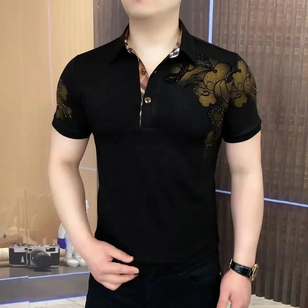 Luxury Rhinestone Printed Short Sleeved T-shirt for Men Summer Short Sleeve Lapel T-shirts Versatile Casual Business Polo Shirts