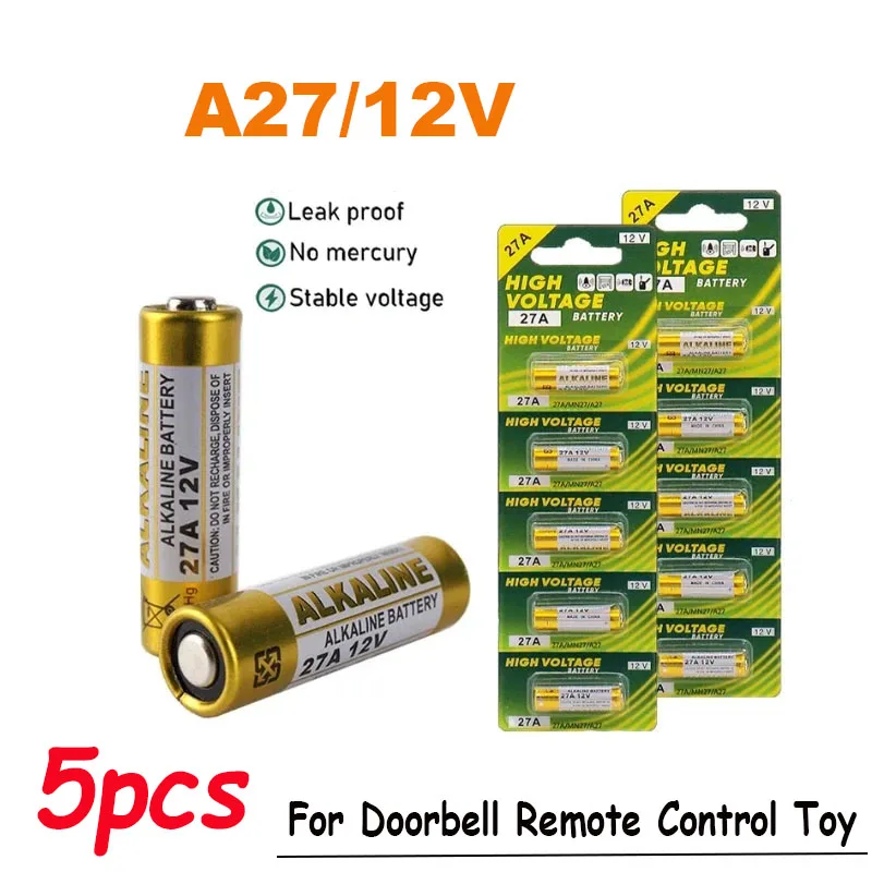 5PCS Alkaline Battery 12V A27 27A G27A MN27 MS27 GP27A L828 V27GA ALK27A A27BP K27A VR27 R27A For Alarm Remote Control Dry Cell