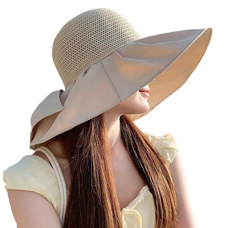 New Wide Brim Sun Hat Hollow Spliced Breathable UV Protection Beach Cap Outdoor Travel Sun Hat For Women Fashion Shade Hat