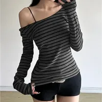 Harajuku Basic Slim Long Sleeve Stripe Tee Off Shoulder O Neck Korean Street Style Spring Autumn Y2K Women's Gray T Shirt