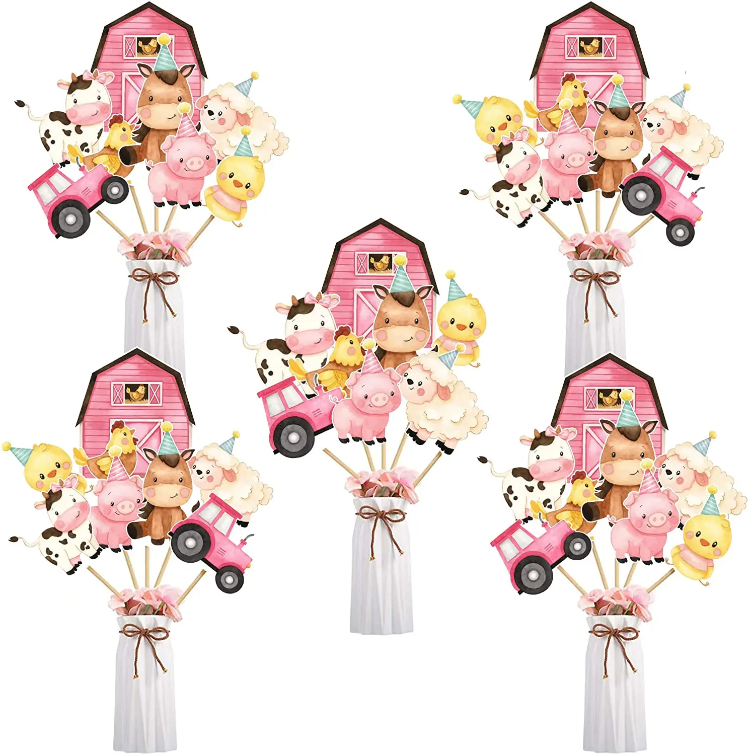 Fangleland 24Pcs Farm Animal Centerpiece Sticks Pink for Farm Themed Party Table Toppers Girls Baby Shower Birthday Party Decor