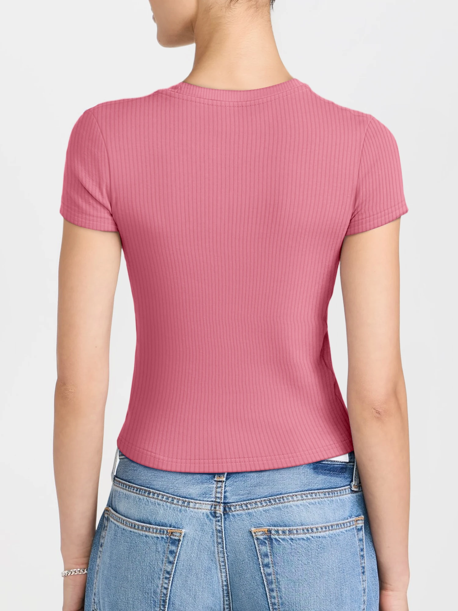 Lightweight Ribbed Crop Short‑Sleeve Top, Soft Fitted Tee for Summer Shopping & Café Brunch Gatherings