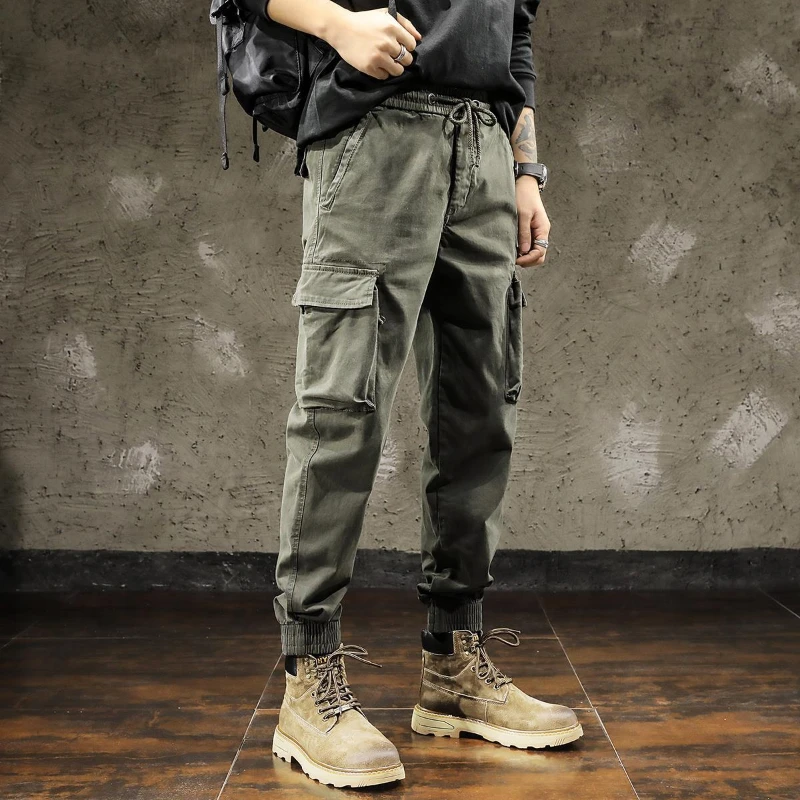 Prowow American retro high street work pants men's straight leg ankle tied work pants fashion trend pants