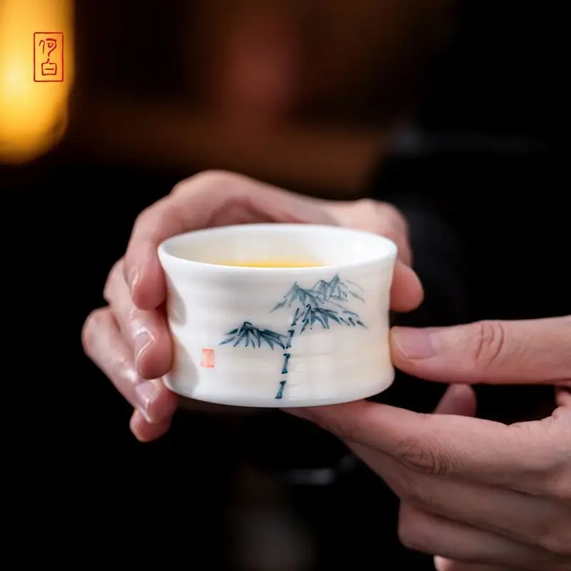 

He Bai Classic Chinese High Temperature Underglaze Hand-Painted Raw Mineral Pig Oil Bamboo Knot High-End White Porcelain Tea
