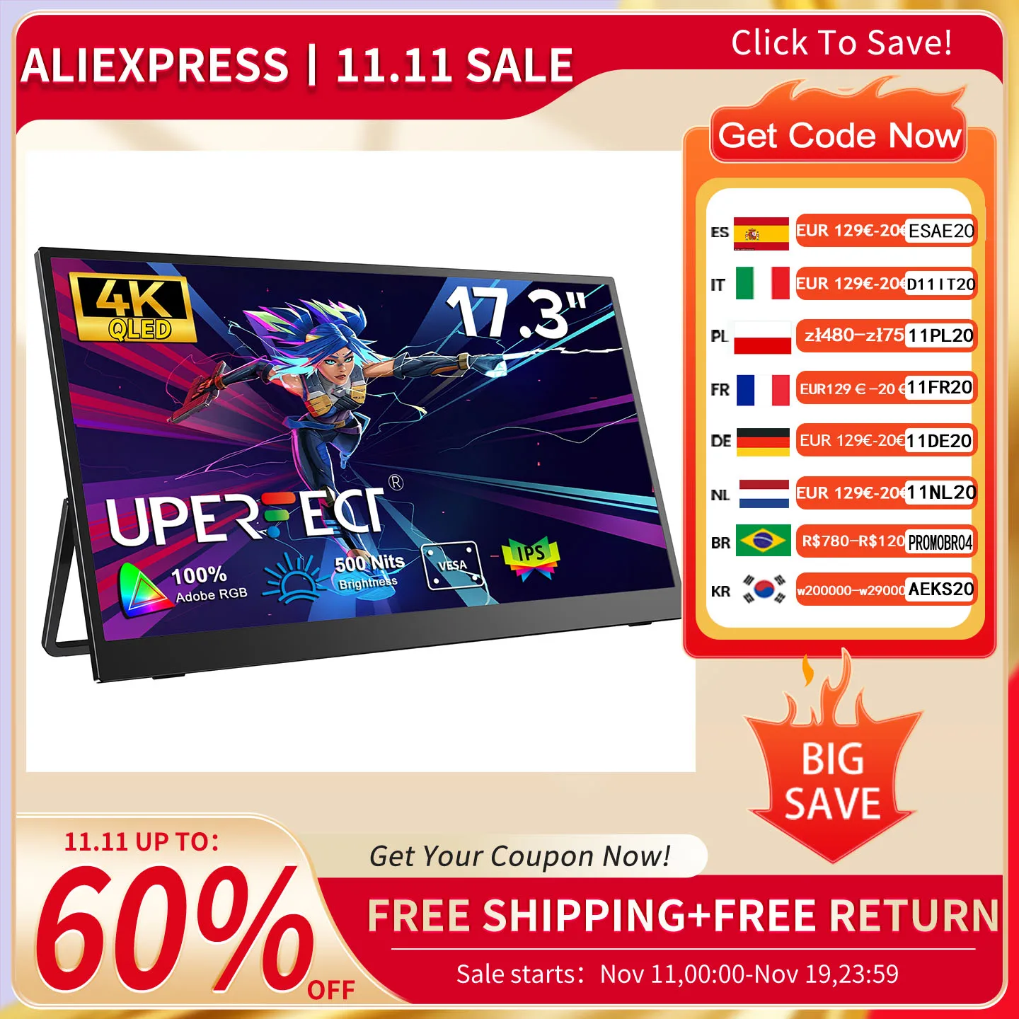 

UPERFECT 17.3"4K 500Nits Portable Monitor 100%DCI-P3 16:9 HDR FreeSync IPS Screen Travel Office Game Display For PC XBox PS4/5