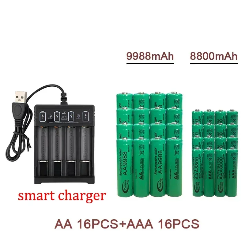 Pilas recargables AA + AAA NI MH de 1,2 V, pilas alcalinas AAA de 9988-8800mah para linternas, juguetes, relojes, reproductores de MP3 y cargadores