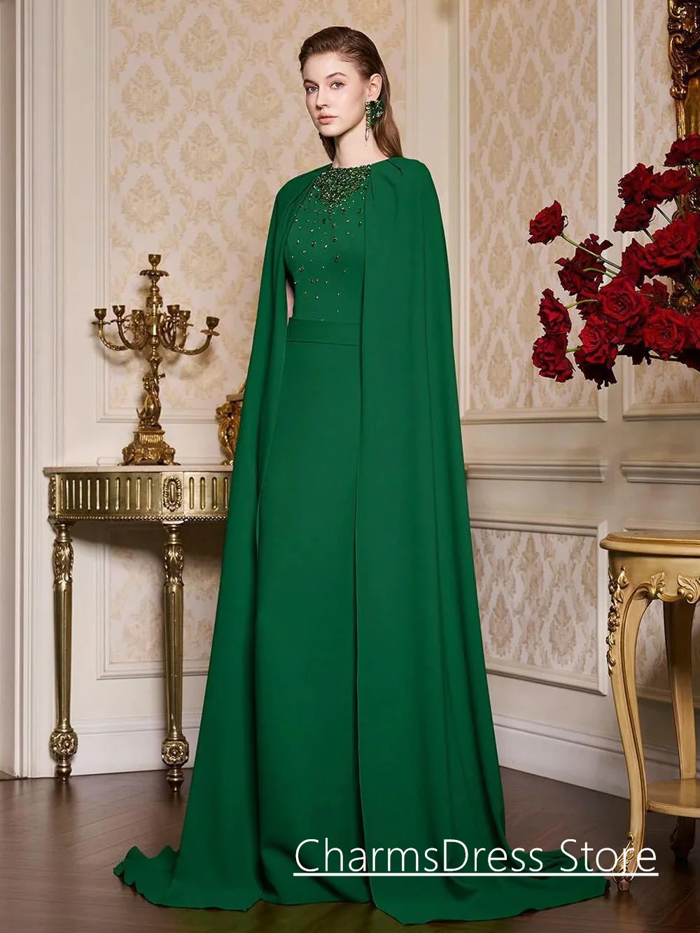 Robe de Soirée Verte Arabe Personnalisée avec Cape, Perles de Bijou, Clip, Tenue de Bal de Mariage, Nouvelle Collection