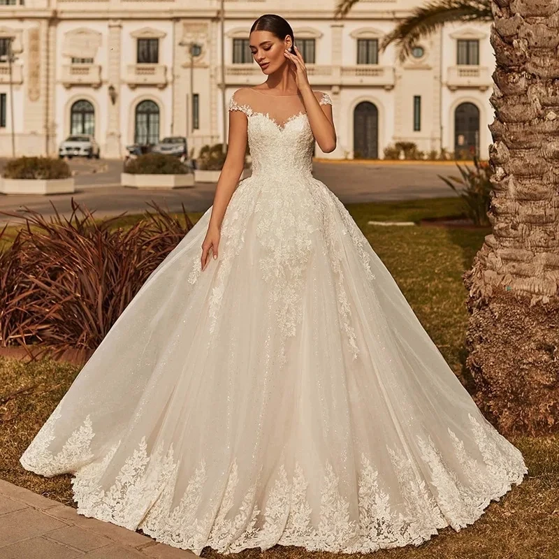 

Lorencia Elegant A Line Wedding Dress Backless Cap Sleeve Lace Applique Bridal Gown Princess Bride Dress Robe De Mariée YAW107