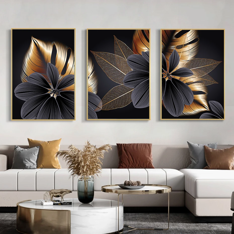 

Modern Leaves Gold Black Abstract Posters Luxury Canvas Painting Wall Art Print Pictures Dining Living Room Interior Home Decor