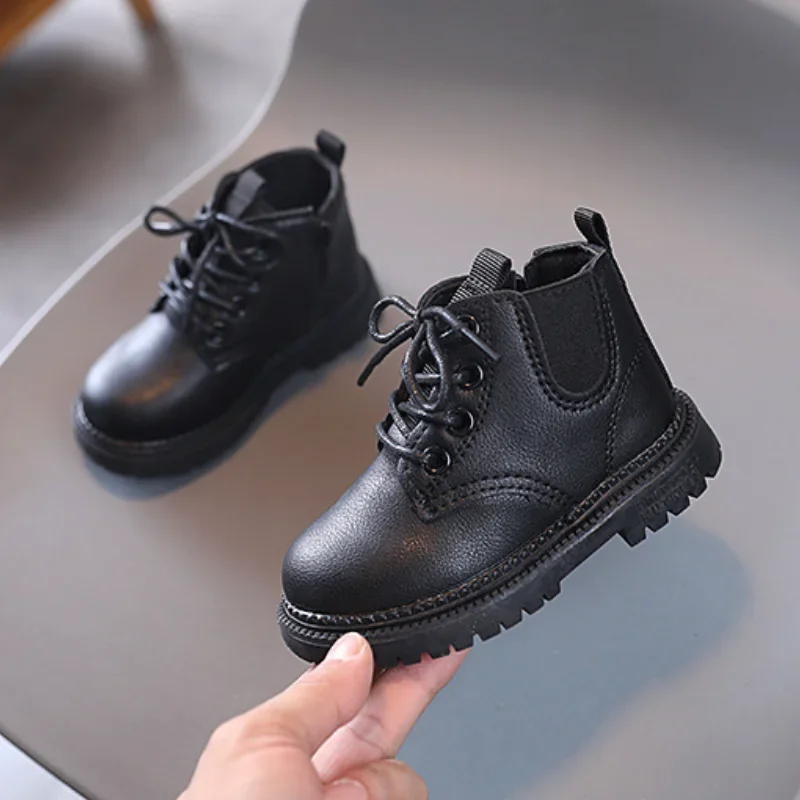 Kids Shoes Boots for Girl Black Versatile Boys Causal School Ankle Boots Fashion Children's Non-slip Short Boots Matte Leather