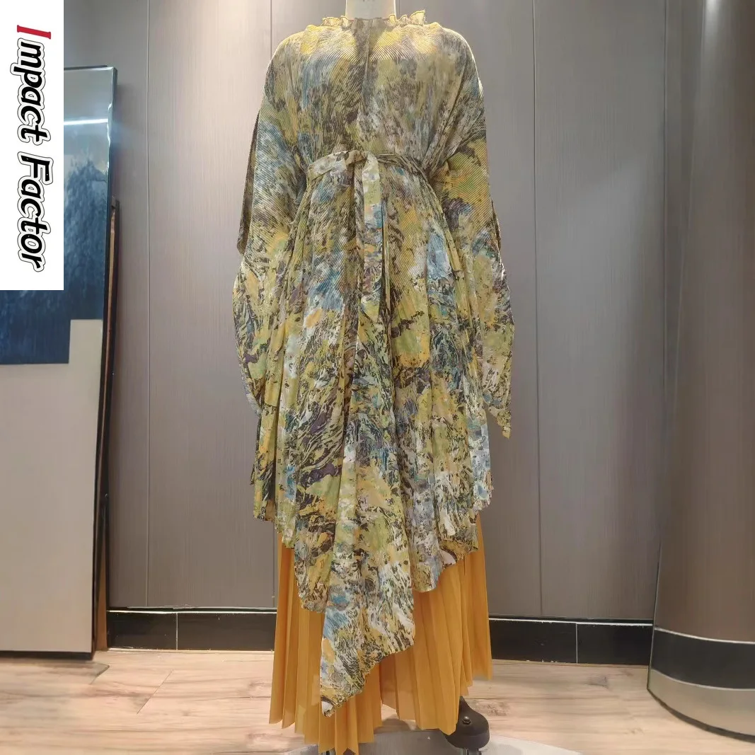 Miyake Fashion Temperament Dwuczęściowy zestaw, luksusowa luźna odzież damska z nadrukiem, zestaw z szerokimi spodniami z wysokim stanem