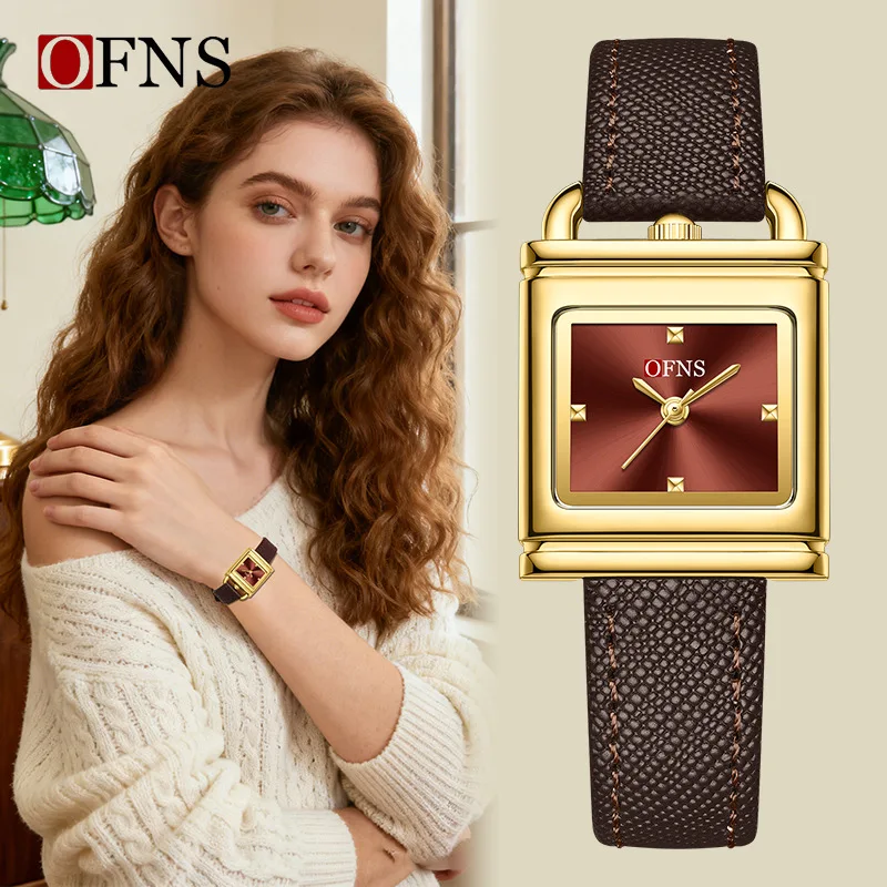 OFNS quartz watch waterproof light luxury leather women's watch niche lock head square cross-border hot-selling women's watch**