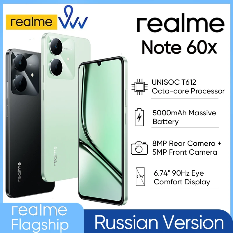 Russian Version realme Note 60x Smartphone 6.74'' 90Hz Display 5000mAh Battery IP54 Powerful Octa-core Chipset 3GB+64GB