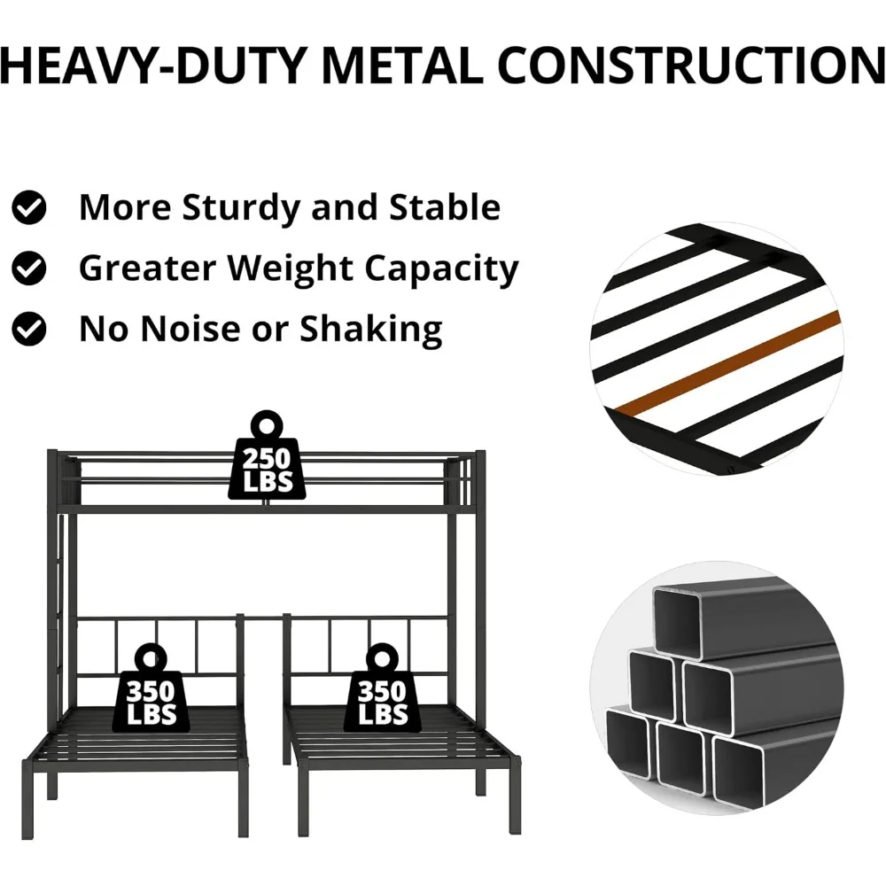 Potrójne łóżko piętrowe, metalowe łóżka piętrowe podwójne i podwójne dla 3 osób z poręczami, drabinką i platformą łóżka górnego, zdejmowane 3 łóżka piętrowe