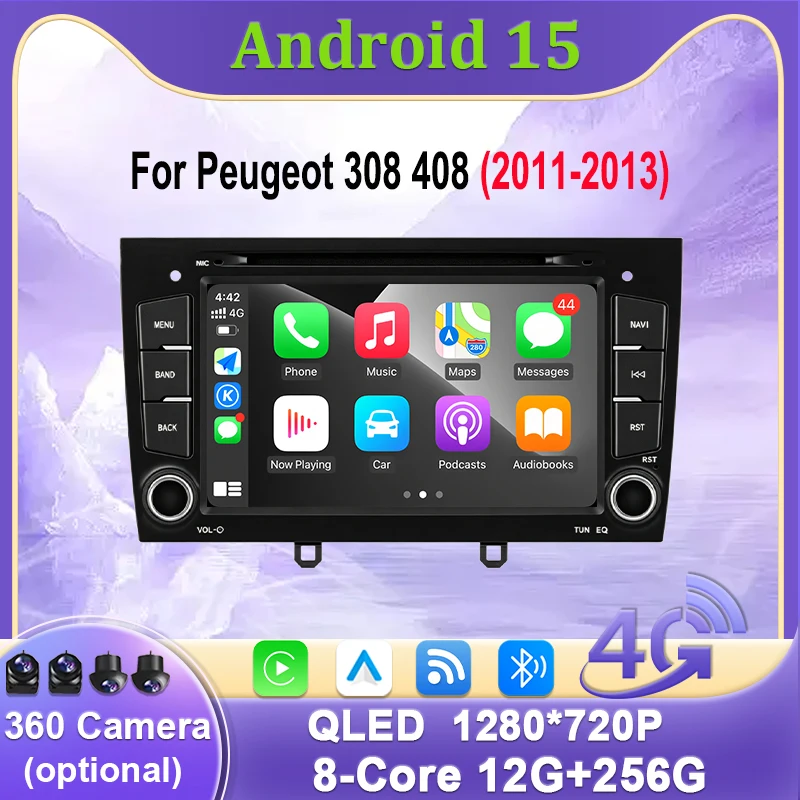 Android 15 WIFI 4G For Peugeot 308 408 2011 - 2013 Carplay Car Radio Navigation GPS Multimedia Video Player Bluetooth DSP