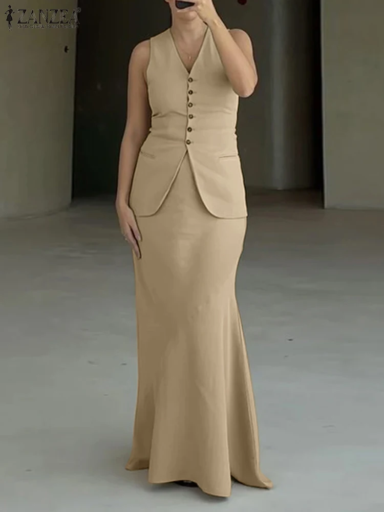 

ZANZEA Women 2 Piece Dress Sets Fashion Sleeveless Vest Suits Vintage Fishtail Skirt Outfits Holiday Commuting Matching Sets