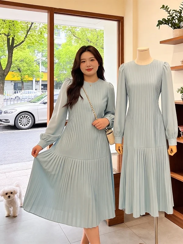 

Spring 2026 High Waist Slimming Long Sleeve Circular Collar Pleated Dress Women's Elegant French Style A-Line Skirt Dress