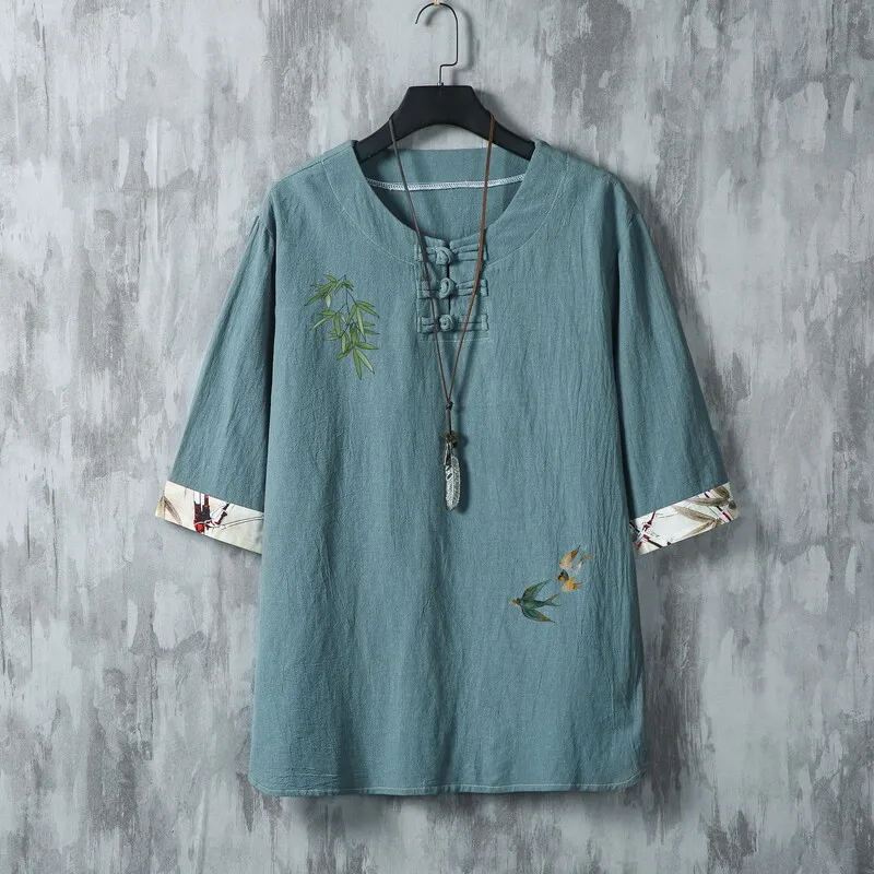 2025 여름 신상 고품질 남성 셔츠 프린트 면마 혼방 싱글 버튼 중간 소매 셔츠 탑