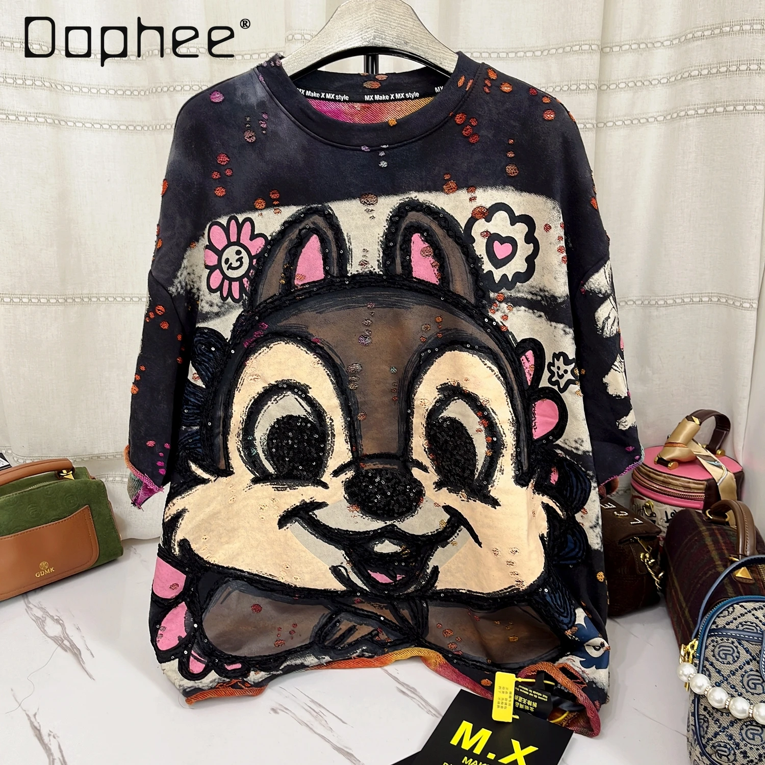 

Новинка осени 2025 года, свободная женская футболка большого размера с короткими рукавами и тяжелыми героями мультфильмов, 20651, футболка большого размера, кавайная одежда