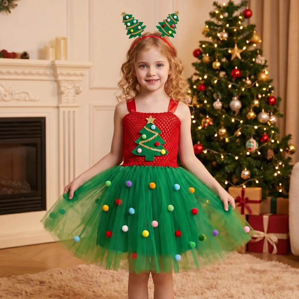 Christmas Girls Tulle Tutu Dress Set Kids Mesh Layered Skirt With Matching Headband Children Holiday Stage Party Daily Outfit
