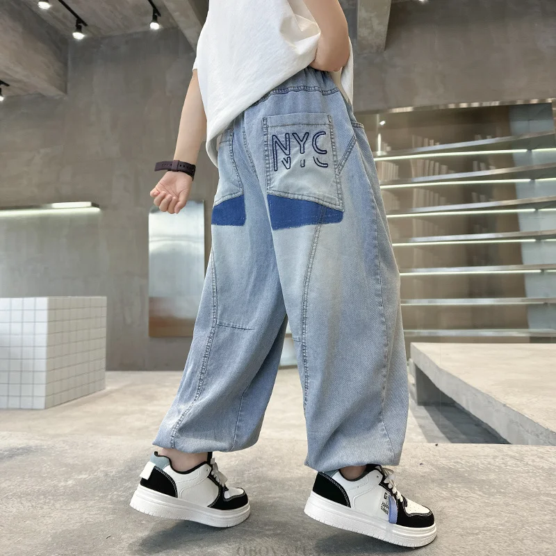 Korean Child Soft Lyocell Fabric Summer Thin Jeans For Boys Anti-Mosquito Denim Pants Teenage Kids Loose Straight Jeans Trousers