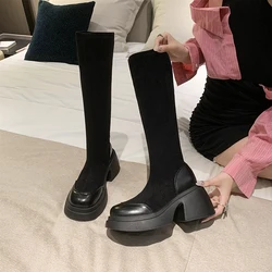 2024 stivali da donna invernali tacchi grossi nuova moda femminile sopra il ginocchio stivali alti scarpe da donna stivali da donna in pelle scamosciata nera taglia 35-40