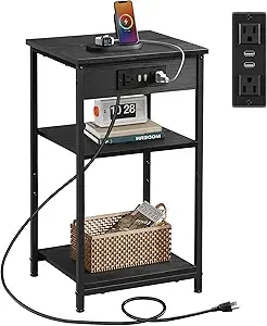 

Black End Table with Charging Station, Slim Night Stand with 3 Storage Shelves, Small Side Tables or Small Spaces, Bede Tables o