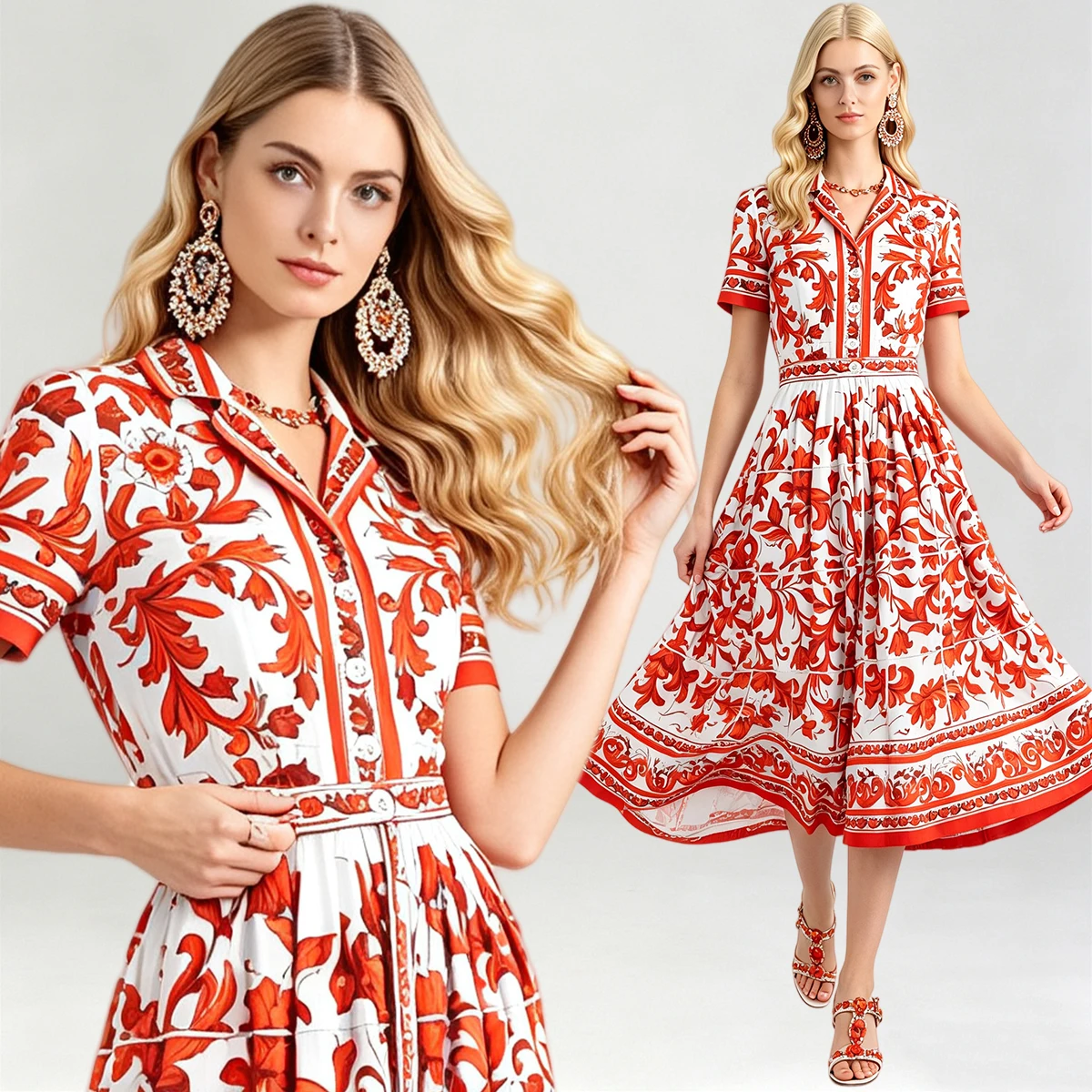 Iridesse Summer, Positioning Printed, Lapel Strapped Waist, Shirt Dress, Large Hem, Women Fashion A-line Dress