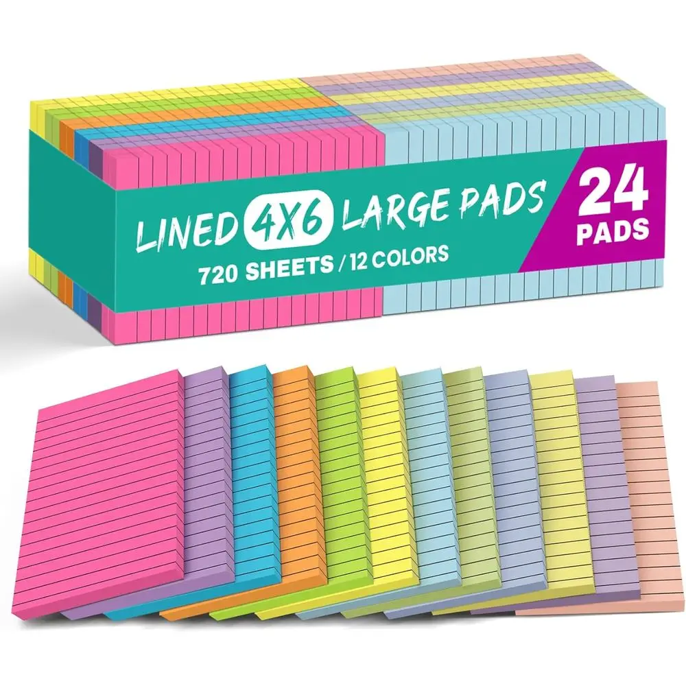 

24 Pack 4x6 Inch Lined Sticky Notes, 30 Sheets/Pad, Multicolored Memo Pads for Office & Home Planning