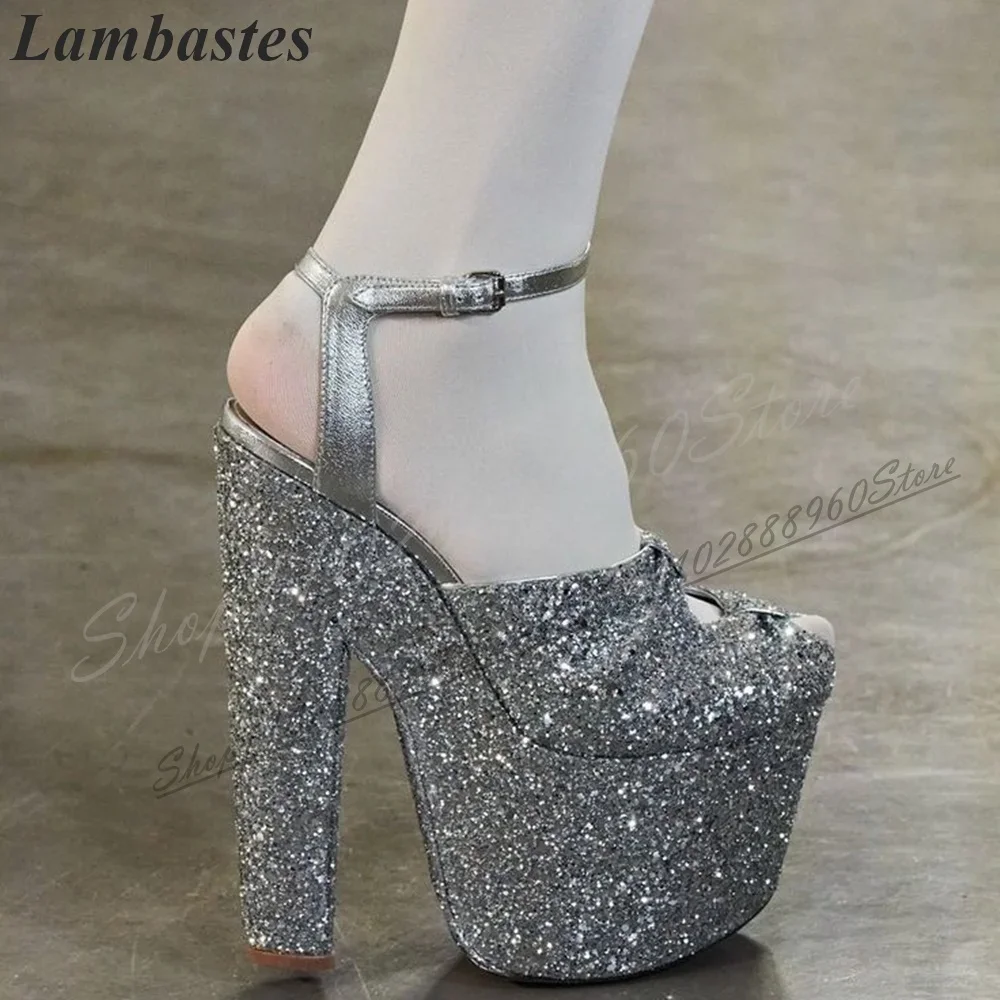 

Silver Glitter Platform Runway Sandals Thin High Heel Shoes For Women Ankle Buckle Strap Peep Toe 2024 Fashion Zapatillas Mujer