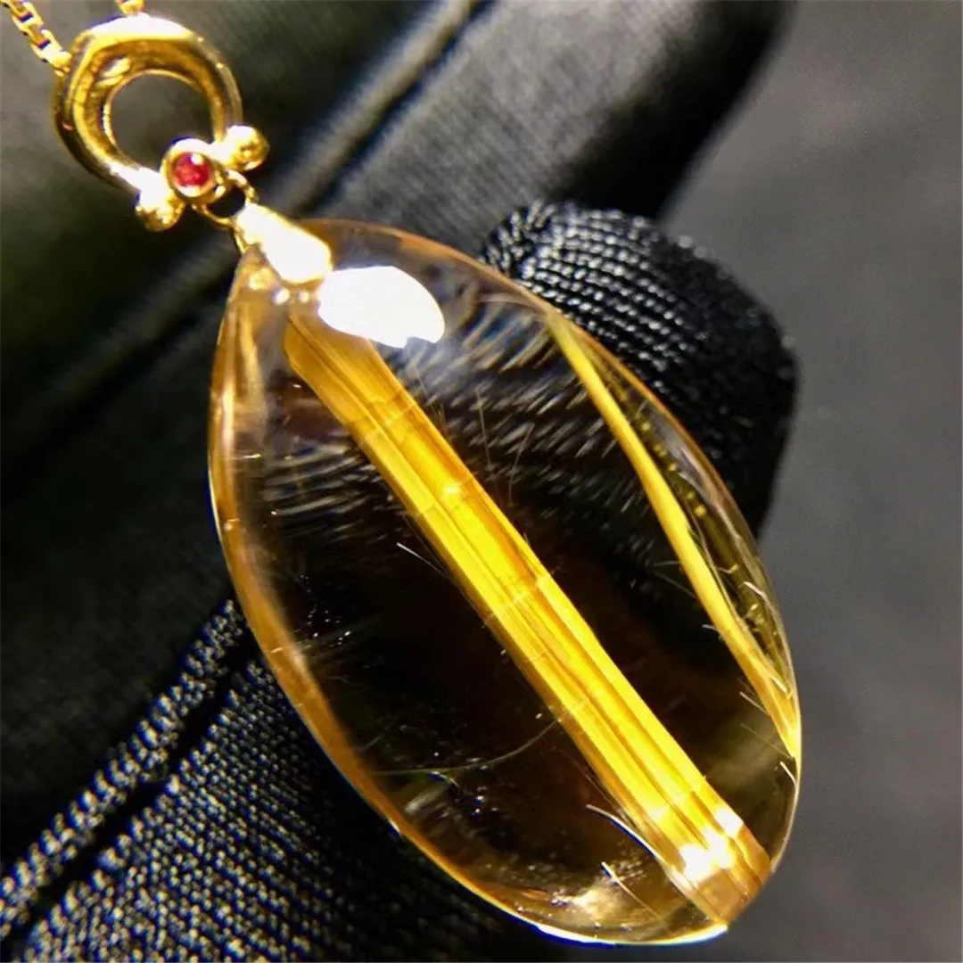 

Natural Gold Rutilated Quartz Pendant For Woman Man Gift 18K Gold Rare Crystal 25x14x10mm Beads Clear Gemstone Jewelry AAAAA