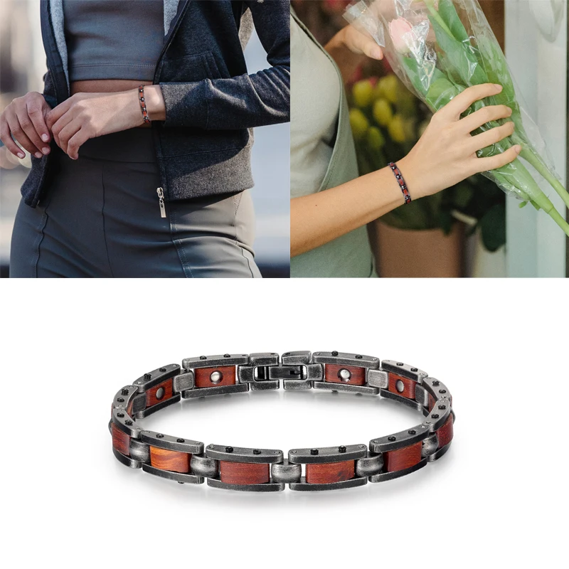 Rainso Magnetic Stainless Steel Bracelet For Women&Men Zebra Wooden Bangles Couple 2023 Popular Healing Viking Jewerly Gifts