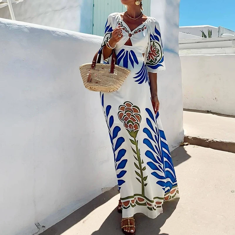 Moda impressão oco para fora vestido de praia novo sexy com decote em v cintura férias vestido longo feminino elegante sem costas rendas bohe vestido de festa