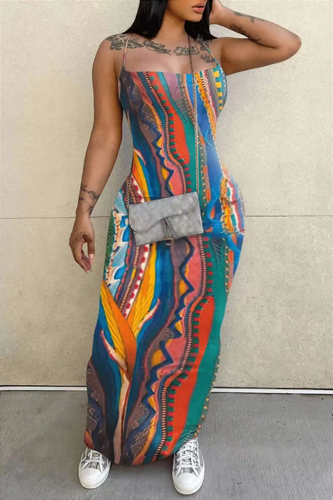 

Women Fashion Tie Dye Striped Printed Sleevelss Strap Backless Bodycon Long Dress 2023 Street Dresses Vestidos