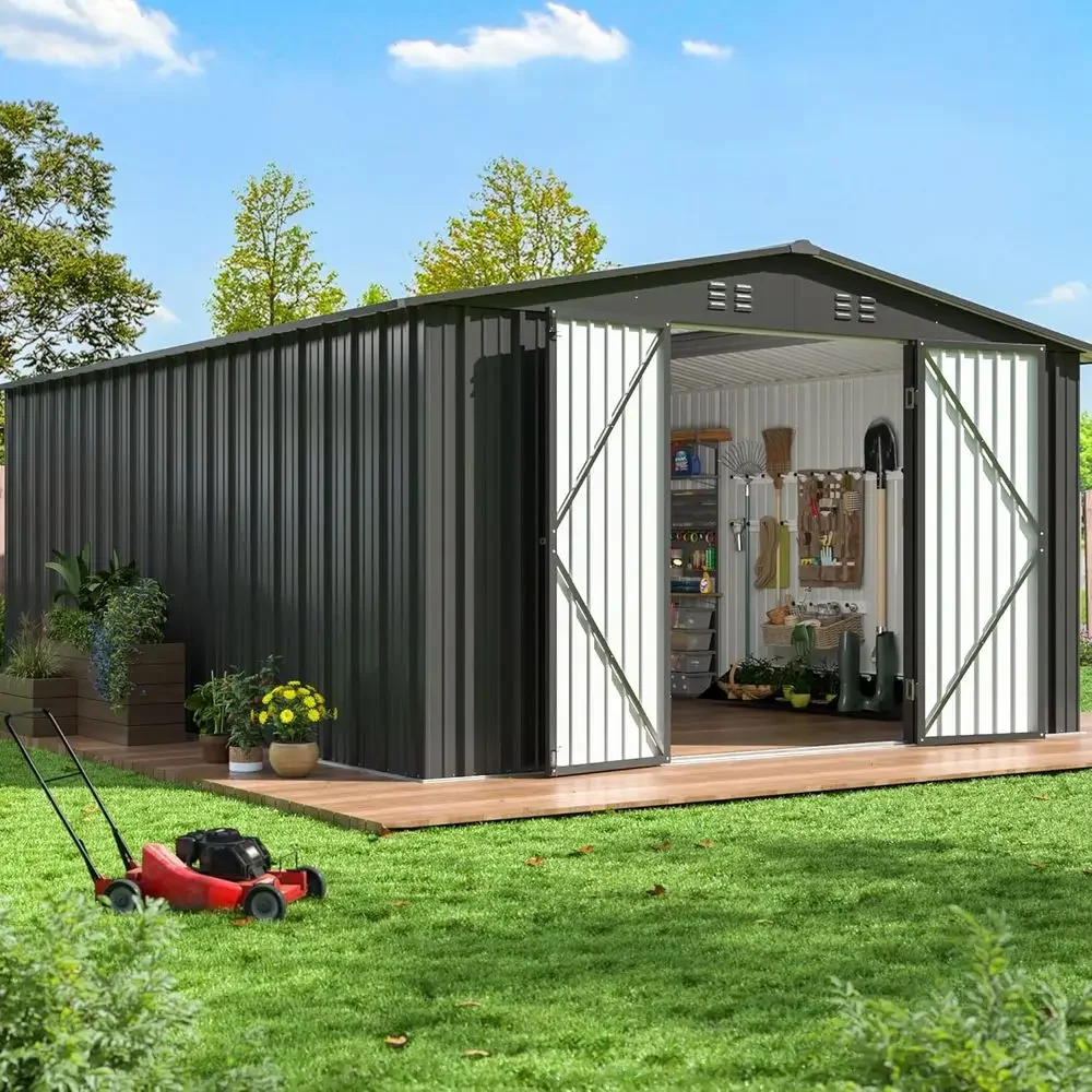 14x12 Outdoor Storage Shed: Metal Garden Tool Shed with Weathered Structure and Lockable Door, Perfect for Backyard, Patio, and