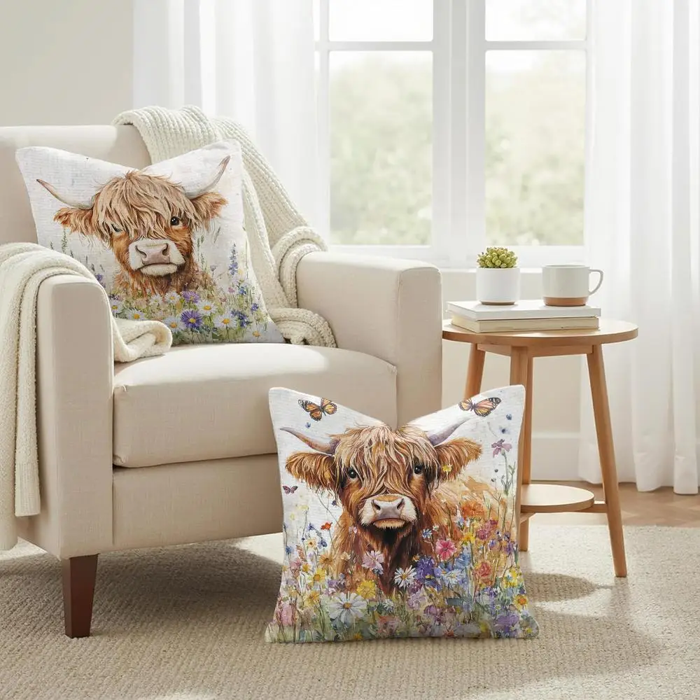Scottish Highland cow Cushion Cover Natural Linen Organic Fabric Double-Sided Printing Sofa Home Decor Gift Pillow Cover